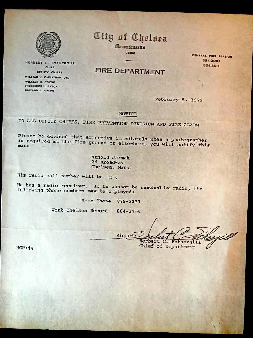 City of Chelsea Fire Department notice dated February 5, 1979, naming Arnold Jarmak as the photographer to call when coverage was needed.