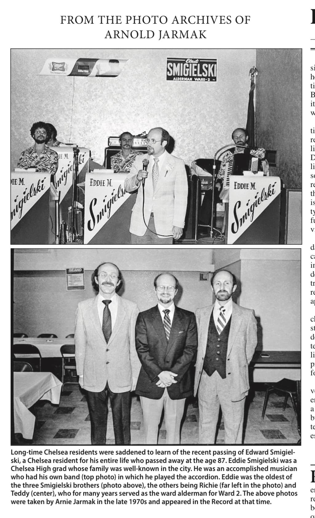 Retrospective archive panel with Arnie Jarmak photographs of Edward Smigielski performing with his band and standing with his brothers Richie and Teddy.