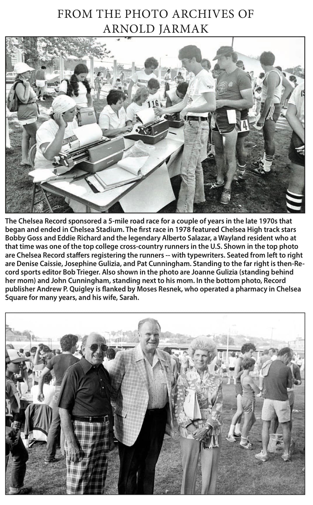 Retrospective archive panel with two Arnie Jarmak photographs from the 1978 Chelsea Record five-mile road race at Chelsea Stadium.