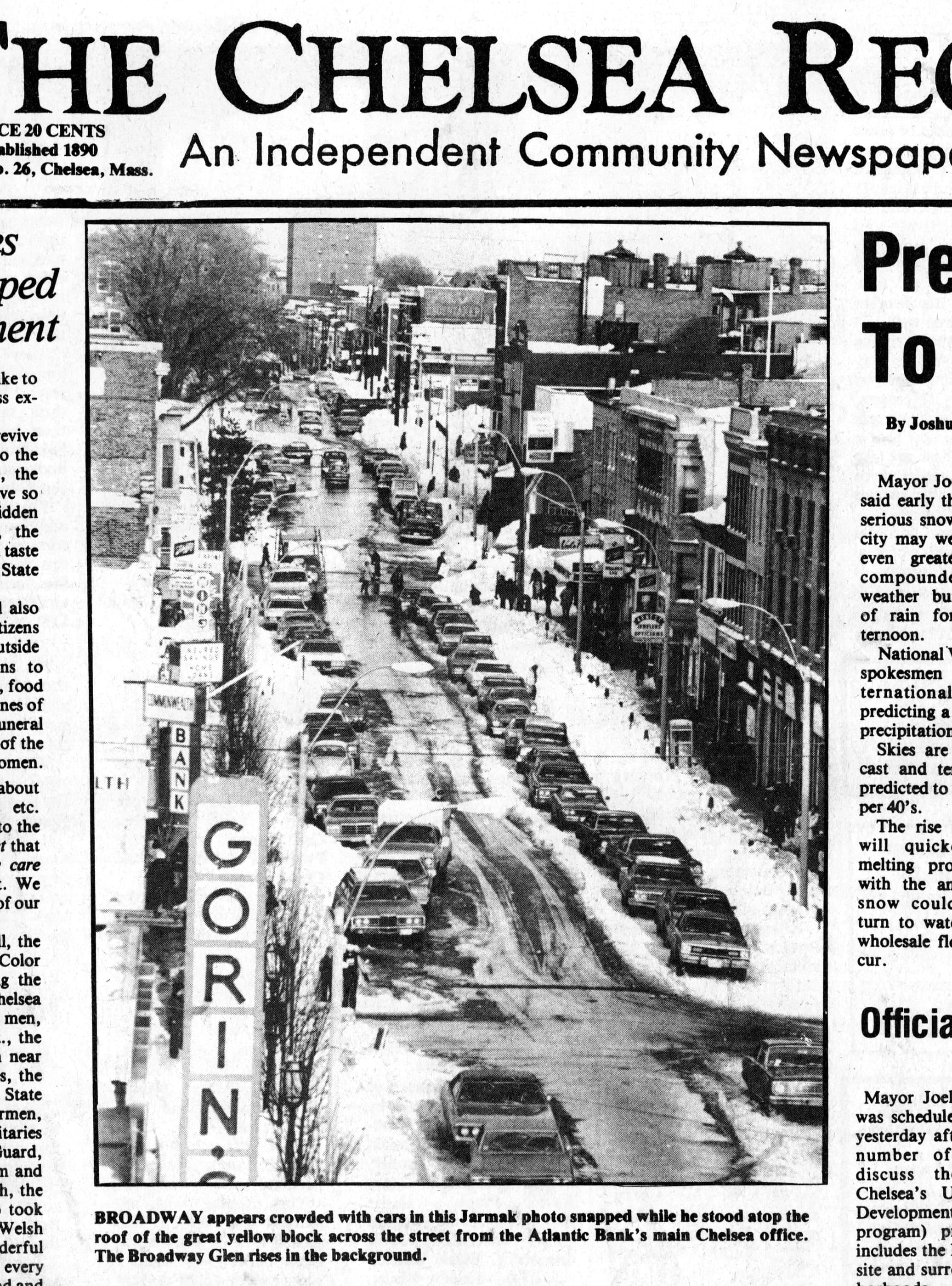 Chelsea Record page showing a Jarmak photograph of Broadway crowded with cars in winter.