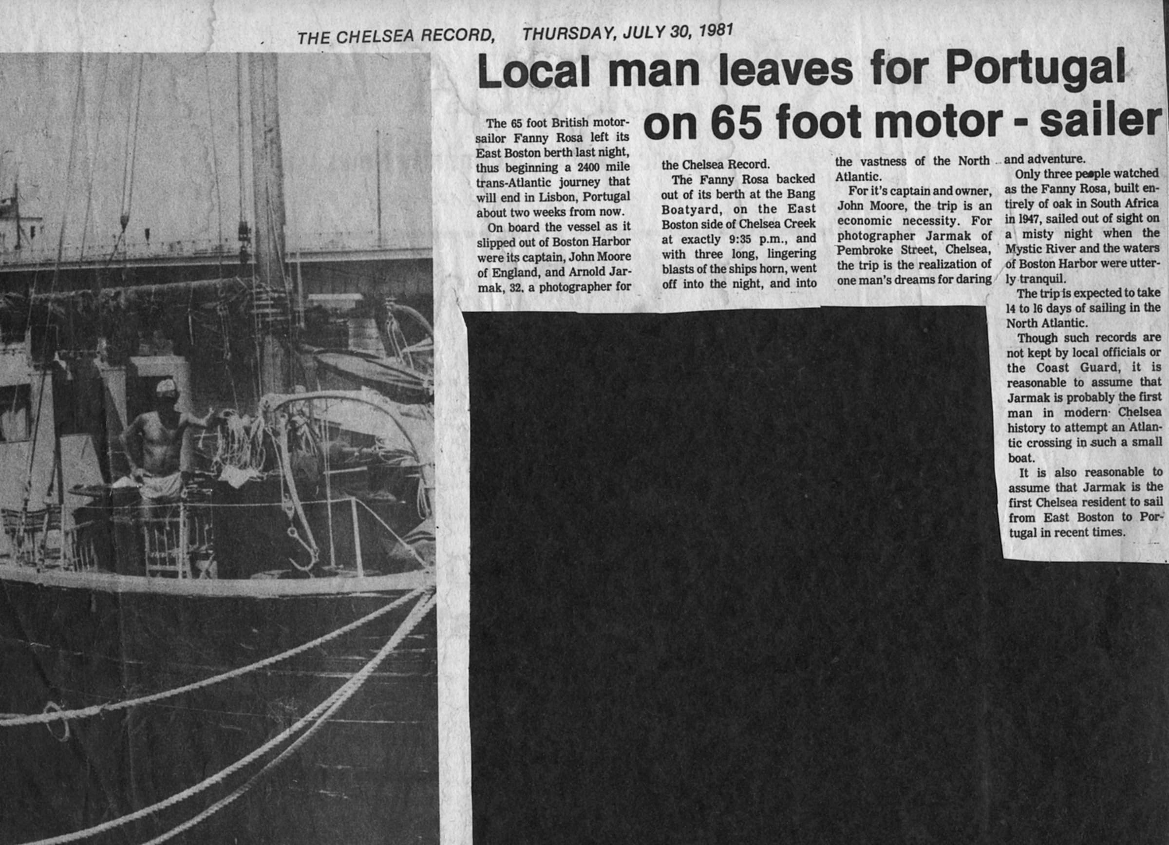 Chelsea Record clipping from July 30, 1981, reporting Arnold Jarmak's departure for Lisbon aboard the 65-foot motor-sailor Fanny Rosa.
