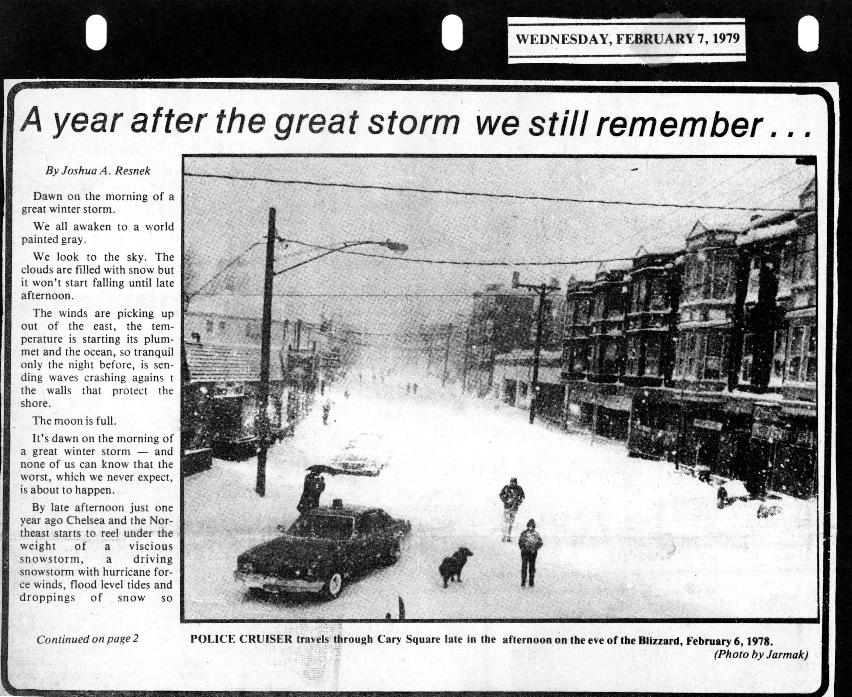 Chelsea Record page from February 7, 1979, pairing a Joshua Resnek article with a Jarmak photograph of Cary Square during the Blizzard of 1978.