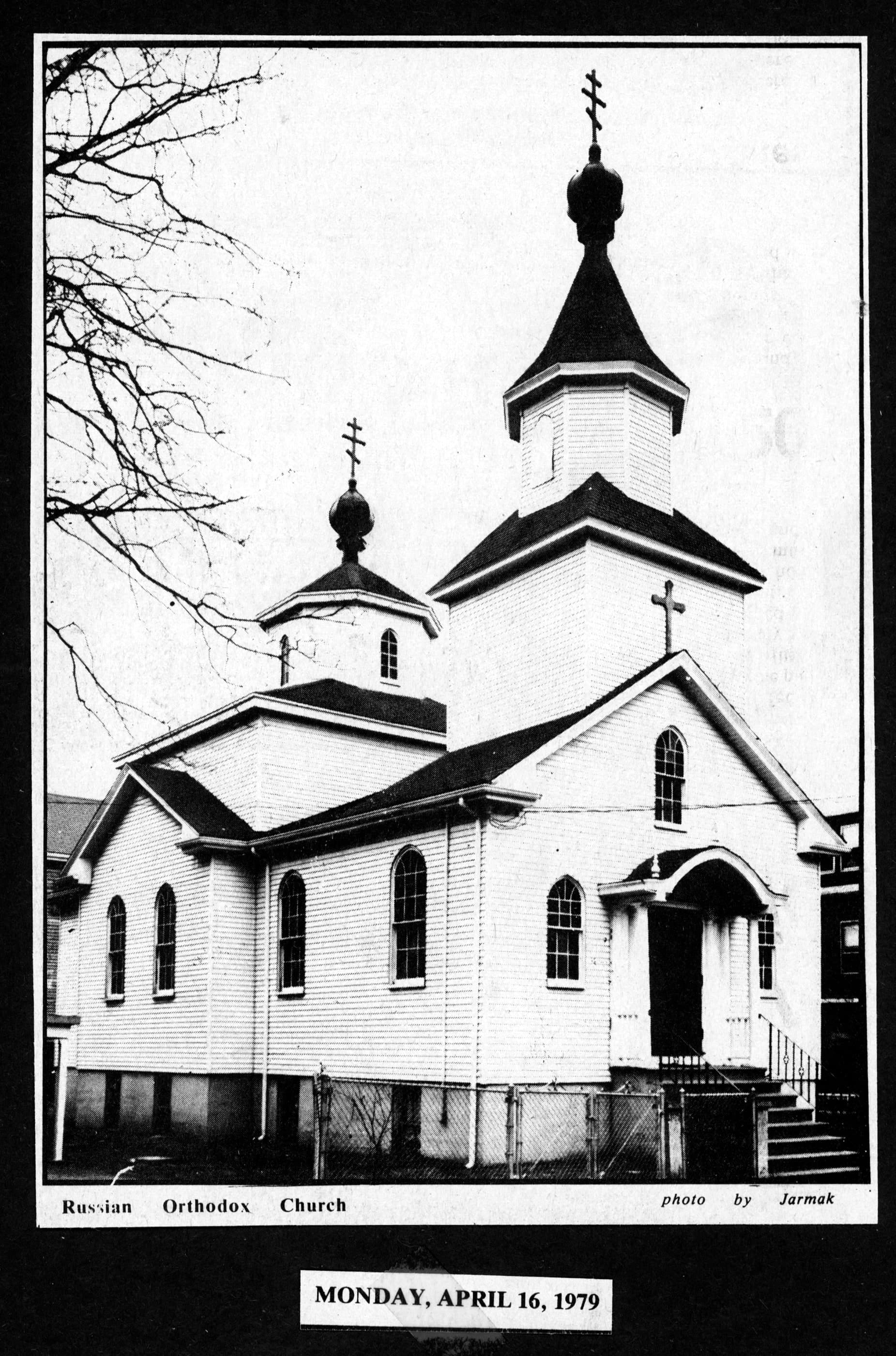 Newspaper clipping dated April 16, 1979, with a Jarmak photograph of a Russian Orthodox church.