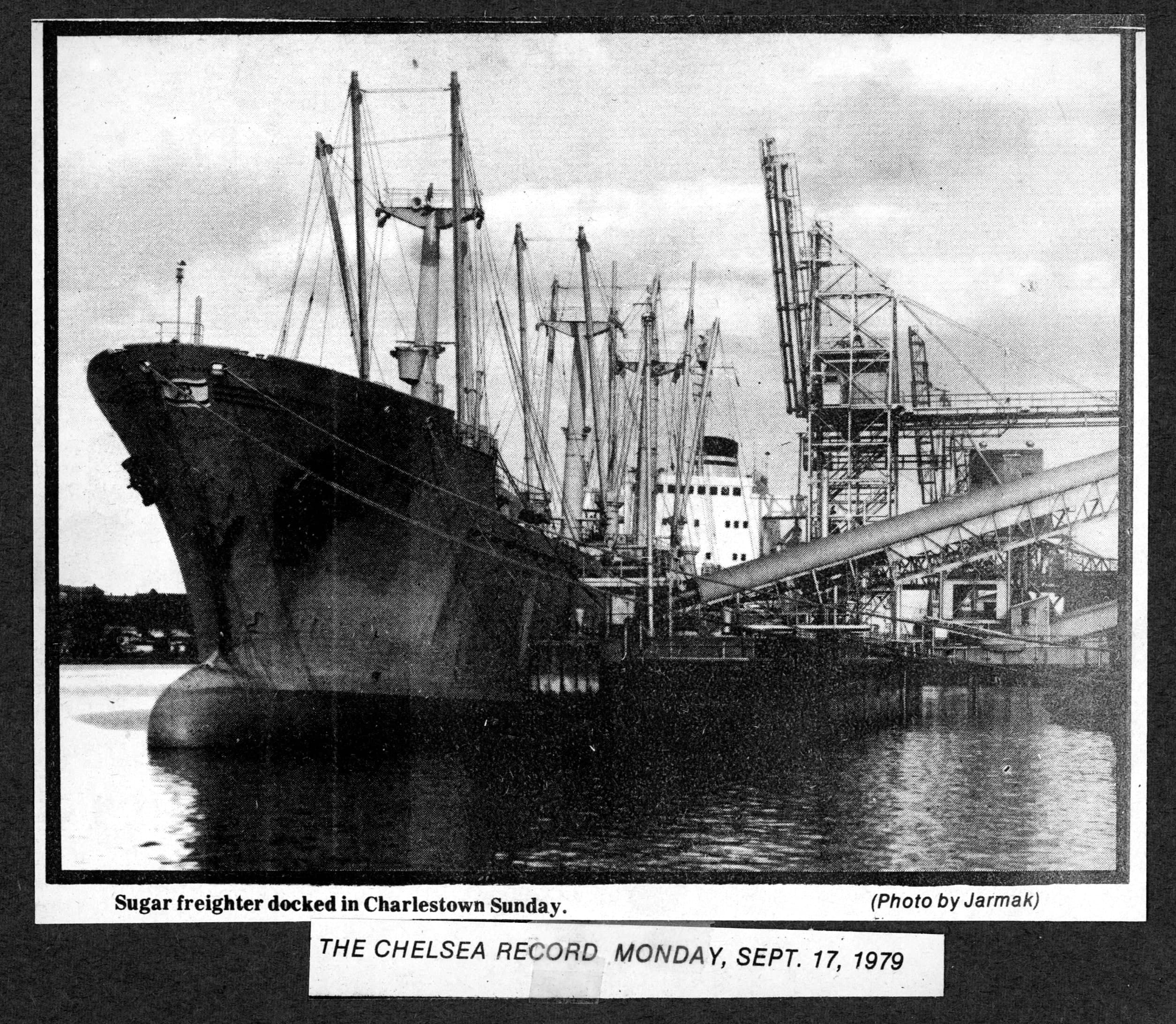 Chelsea Record clipping from September 17, 1979, showing a Jarmak photograph of a sugar freighter docked in Charlestown.