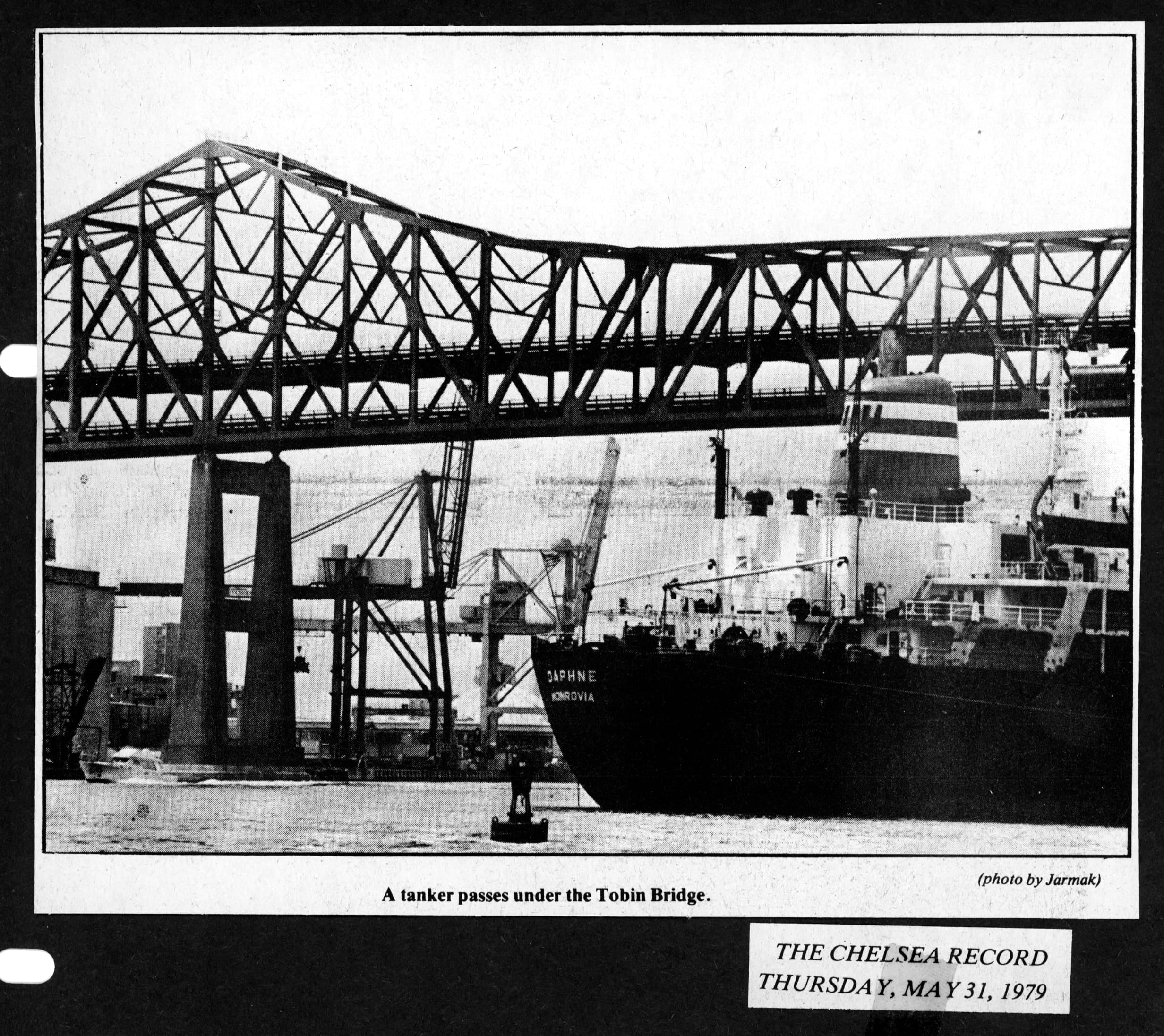 Chelsea Record clipping from May 31, 1979, showing a Jarmak photograph of a tanker passing under the Tobin Bridge.