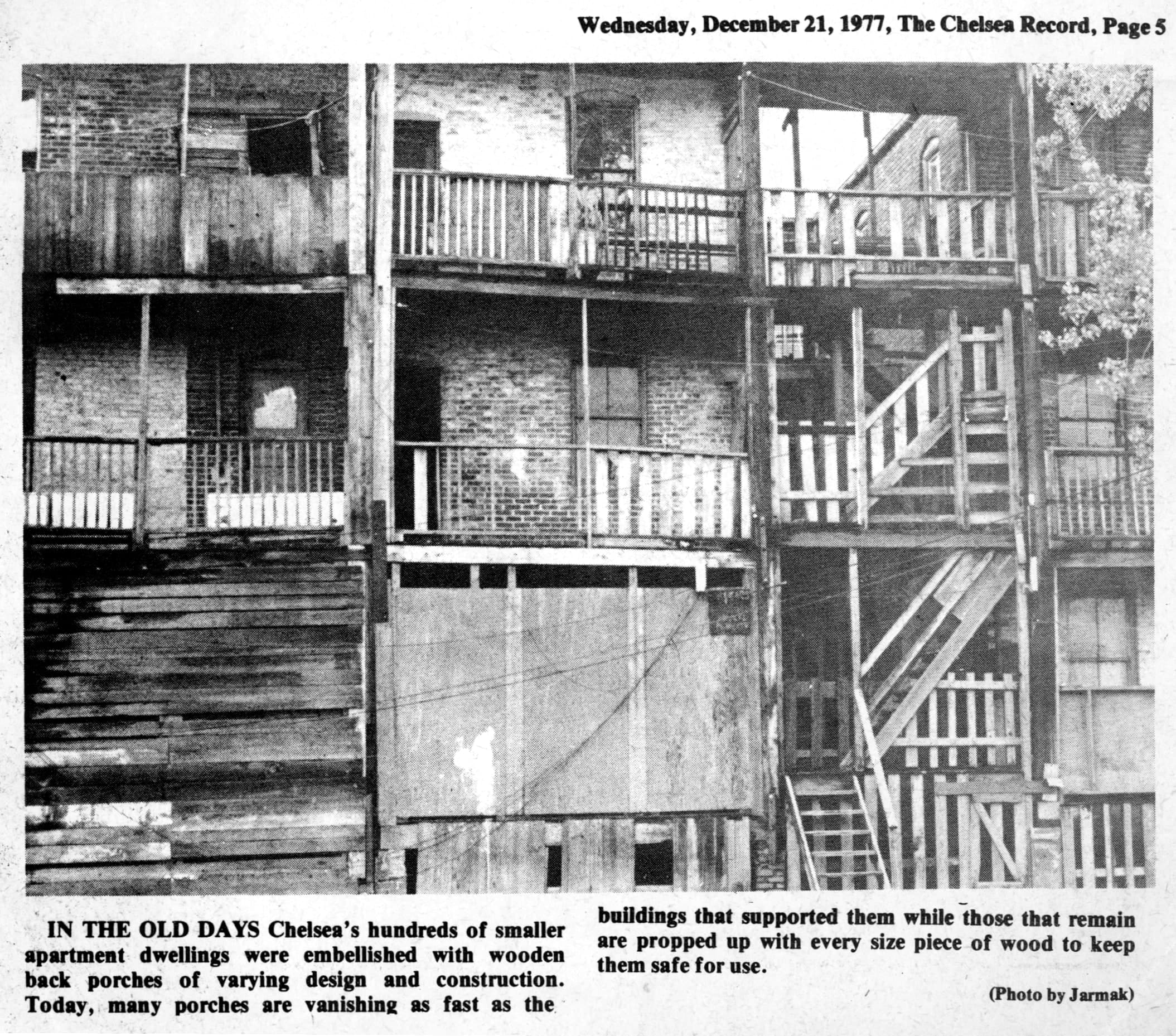 Chelsea Record page from December 21, 1977, showing a Jarmak photograph of wooden back porches in Chelsea.
