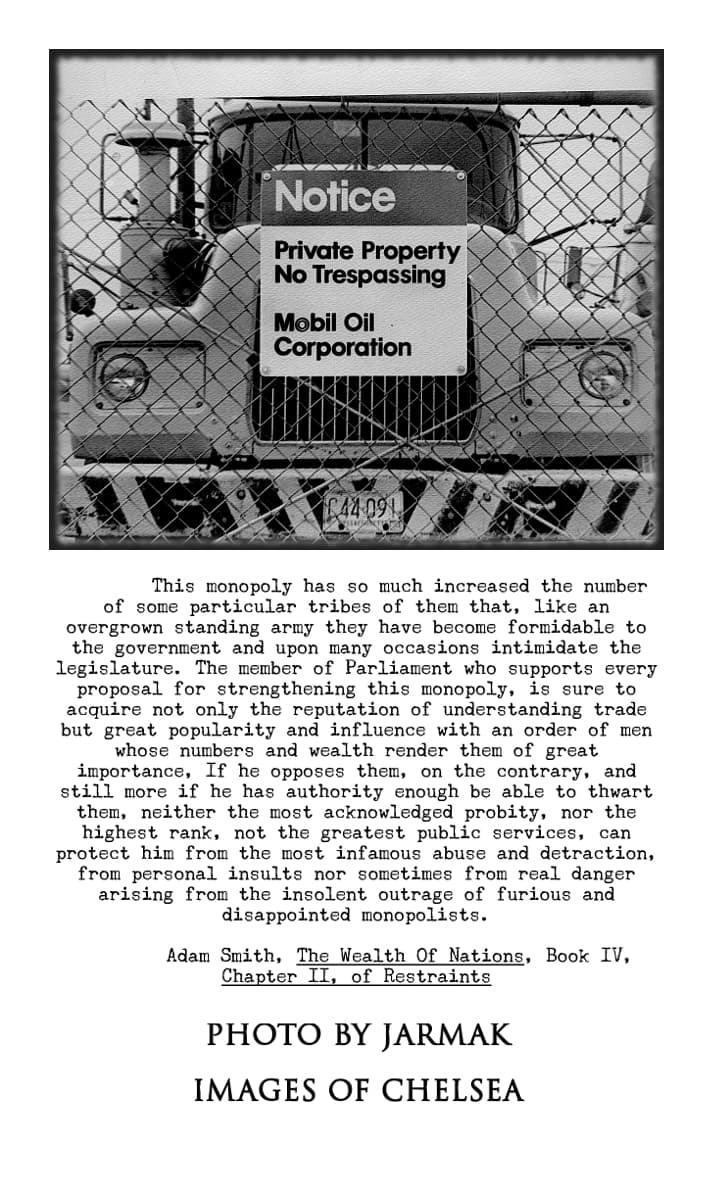 Images of Chelsea print titled Private Property, with a photograph by Jarmak and a passage from Adam Smith's The Wealth of Nations.