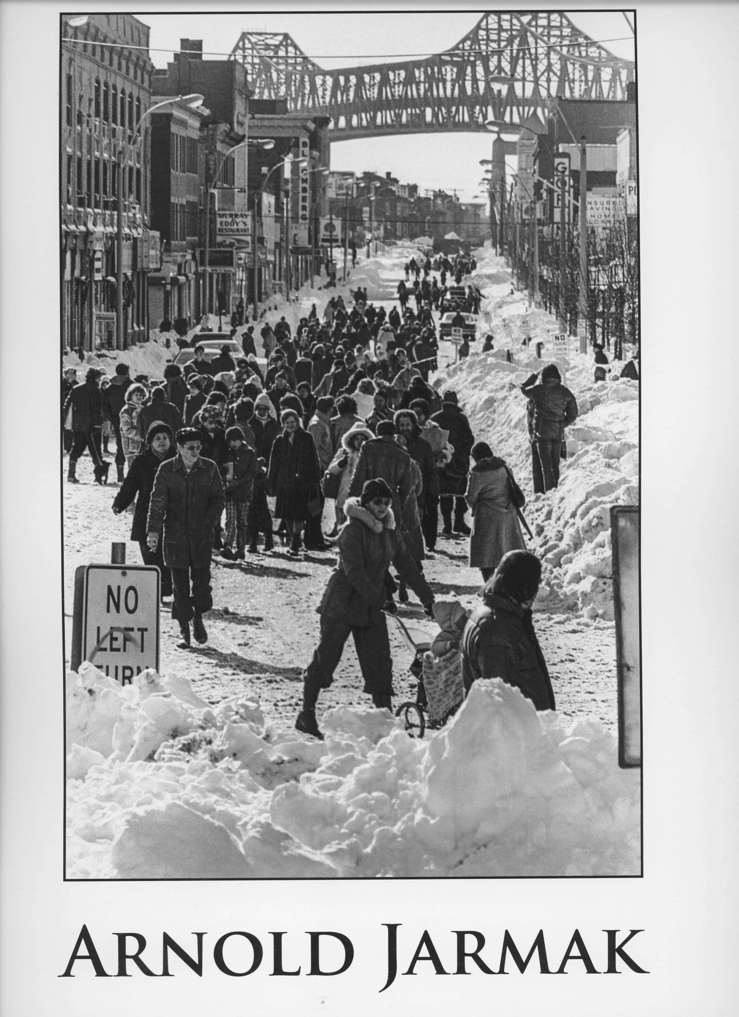 Alternate Arnold Jarmak exhibition poster featuring a snow-covered Chelsea street crowded with pedestrians.